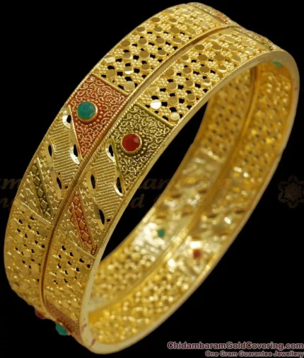 Red Green Stones Real Gold Based Forming Bangle Collections Bridal Wear