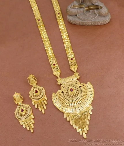 Single Ruby Stone Forming Long Haaram Dangler Earring Combo Set – Two Gram Gold Jewellery