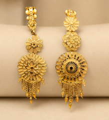 Long gold plated floral dangler earrings with layered filigree flowers and chain tassel drops