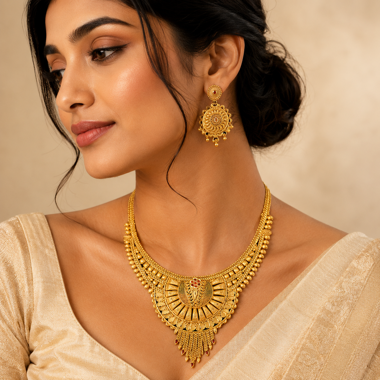 Woman in cream silk saree wearing antique gold plated necklace and earring set with paisley pendant and meenakari detailing