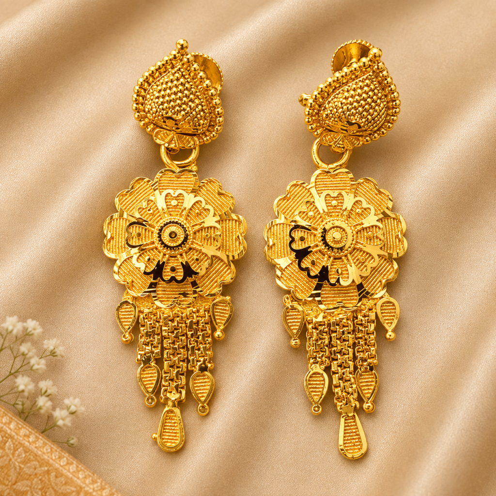 Gold plated floral drop earrings with beaded paisley top, layered petal disc and chain tassel drops
