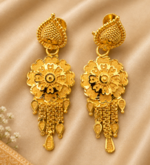 Gold plated floral drop earrings with beaded paisley top, layered petal disc and chain tassel drops