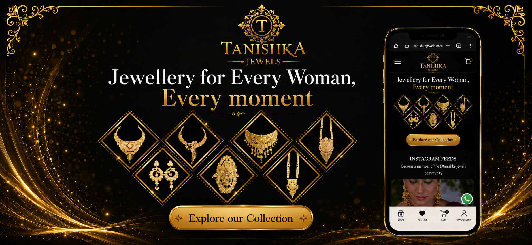 Tanishka Jewels gold plated jewellery collection banner showing necklaces, earrings, rings, mangalsutra and rani har designs