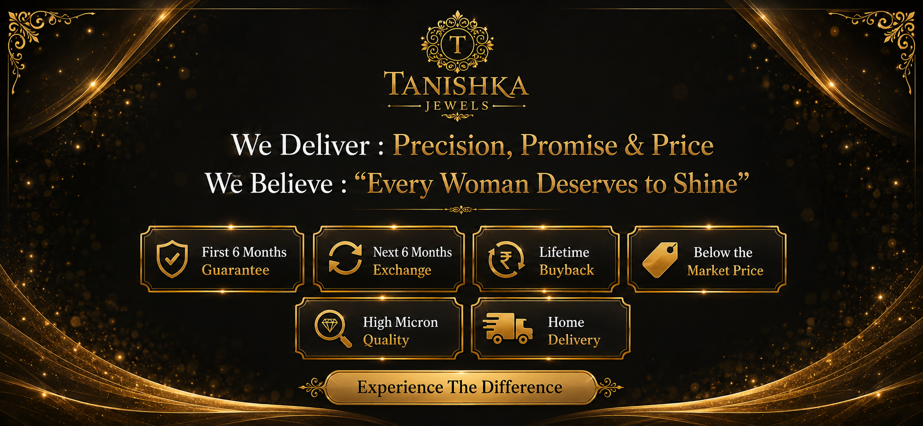 Tanishka Jewels promise banner: first 6 months guarantee, next 6 months exchange, lifetime buyback, below the market price, high micron quality and home delivery