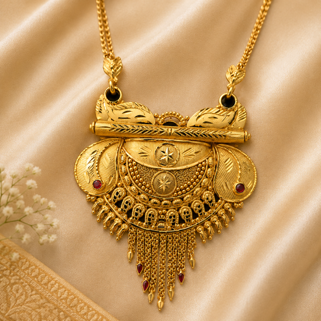 Gold plated statement pendant necklace with layered engraved discs, red stone accents and chain tassel fringe on a fine double chain