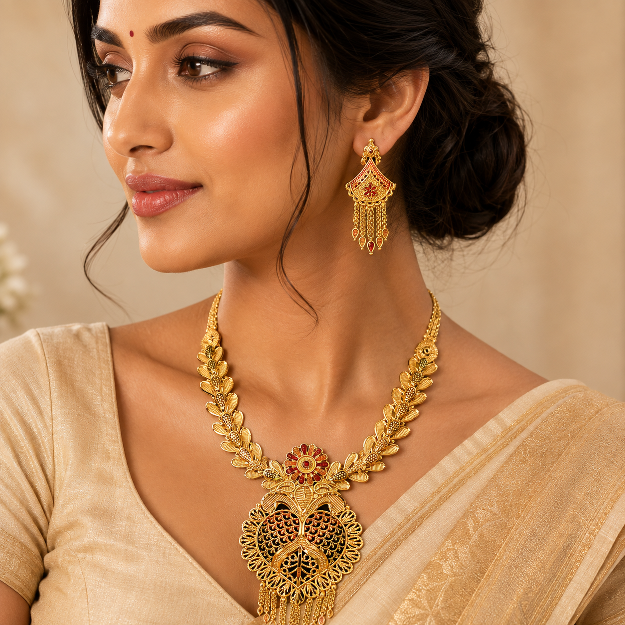 Woman in beige saree wearing peacock design gold plated necklace with leaf motif chain, red meenakari accents and matching drop earrings