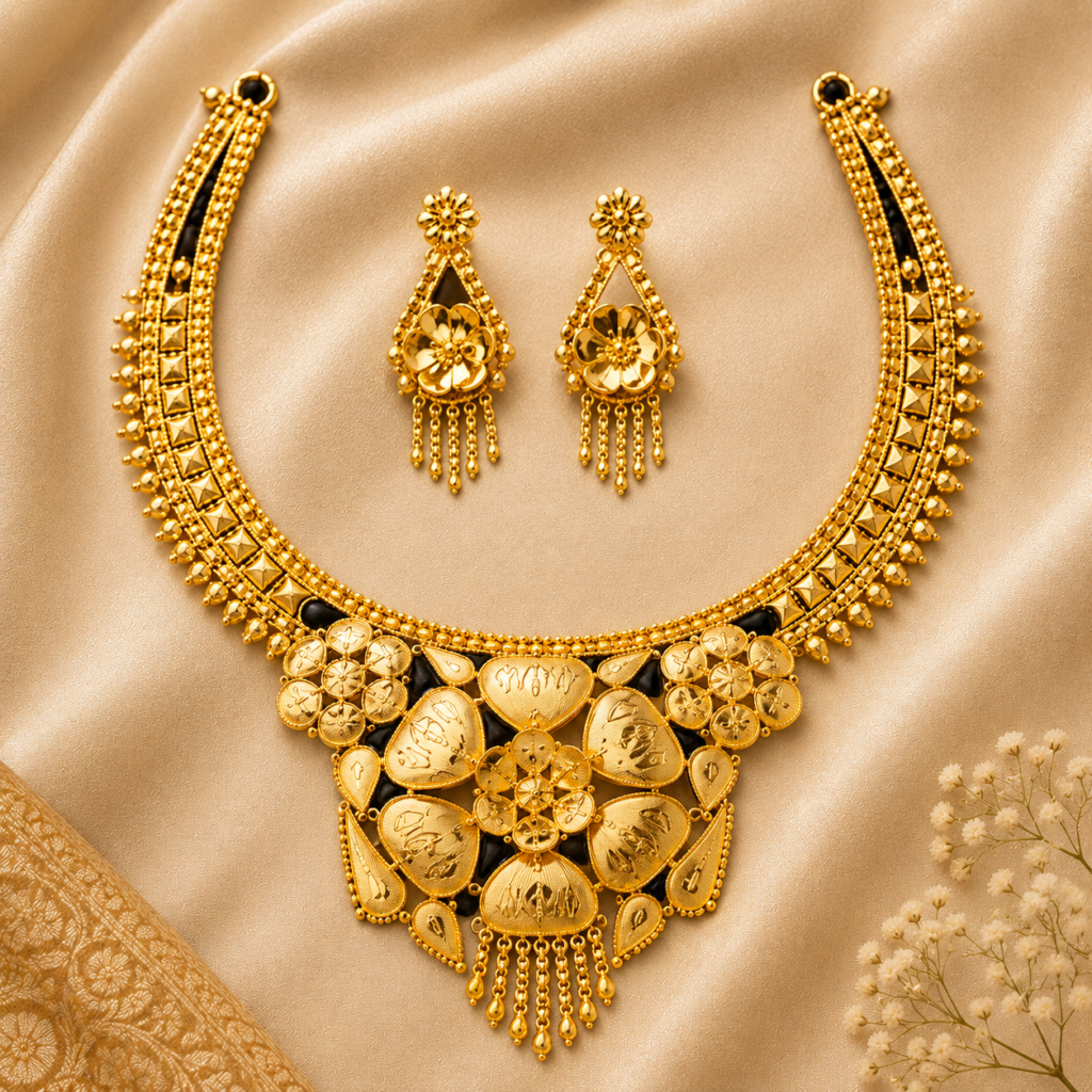 Gold Covered Necklace Flower petals design – gold plated jewellery by Tanishka Jewels