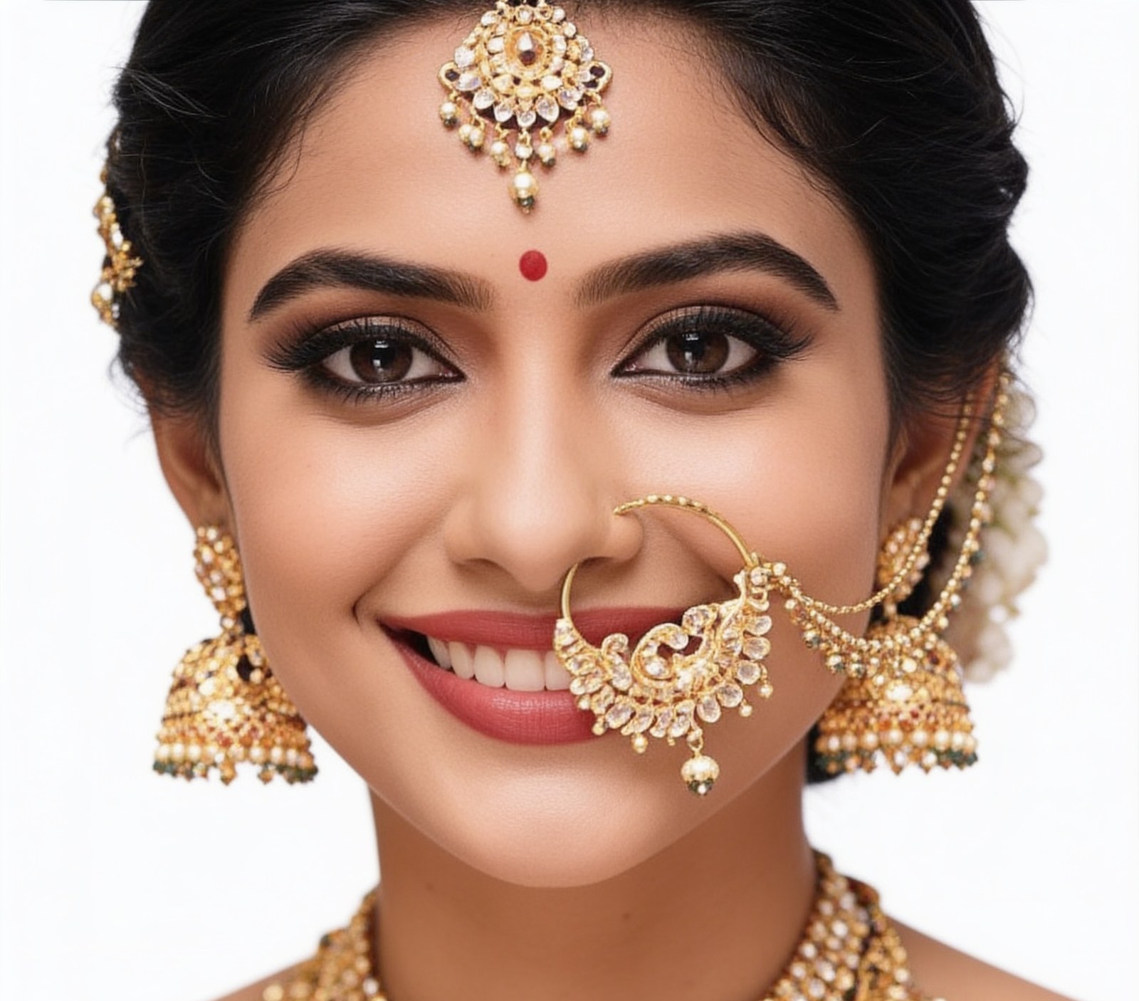 Tanishka Jewels gold plated jhumka earrings and necklace on model