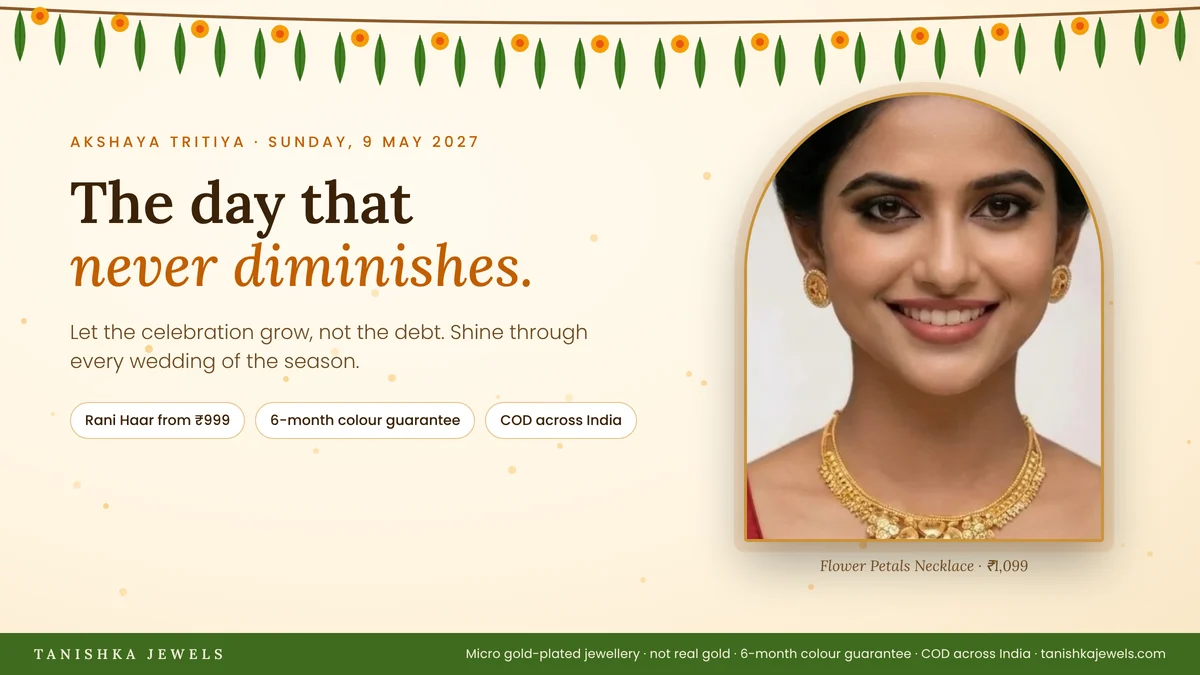 Woman in a red blouse wearing a gold-plated flower petals necklace for Akshaya Tritiya 2027