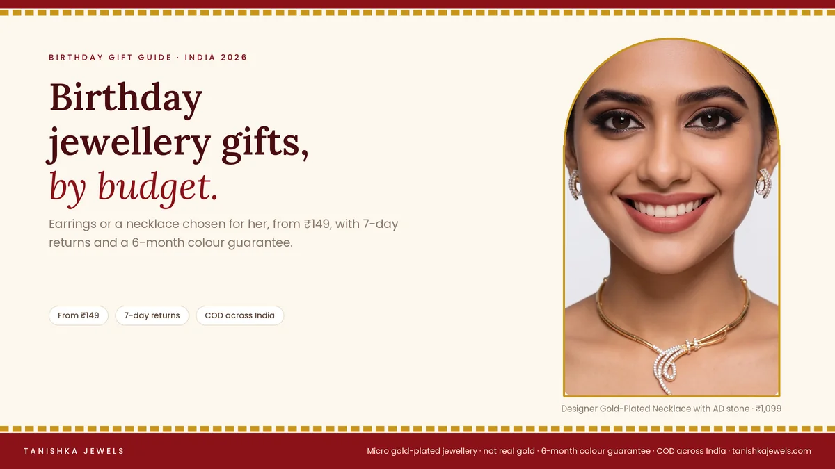 Woman wearing a Designer Gold-Plated Necklace with AD stone from Tanishka Jewels, for a birthday jewellery gift guide