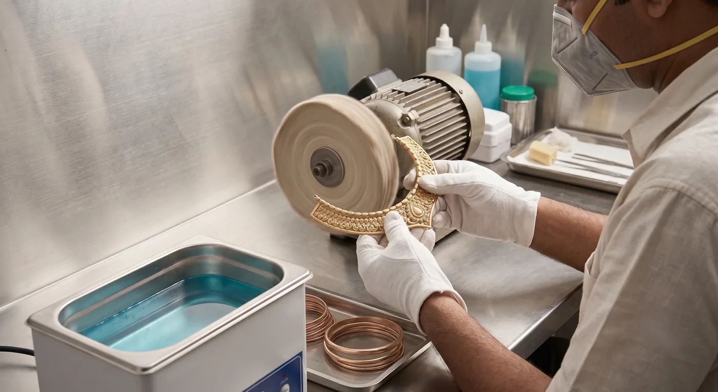 Illustration of a craftsman in gloves buffing a metal necklace on a wheel beside an ultrasonic cleaning tank