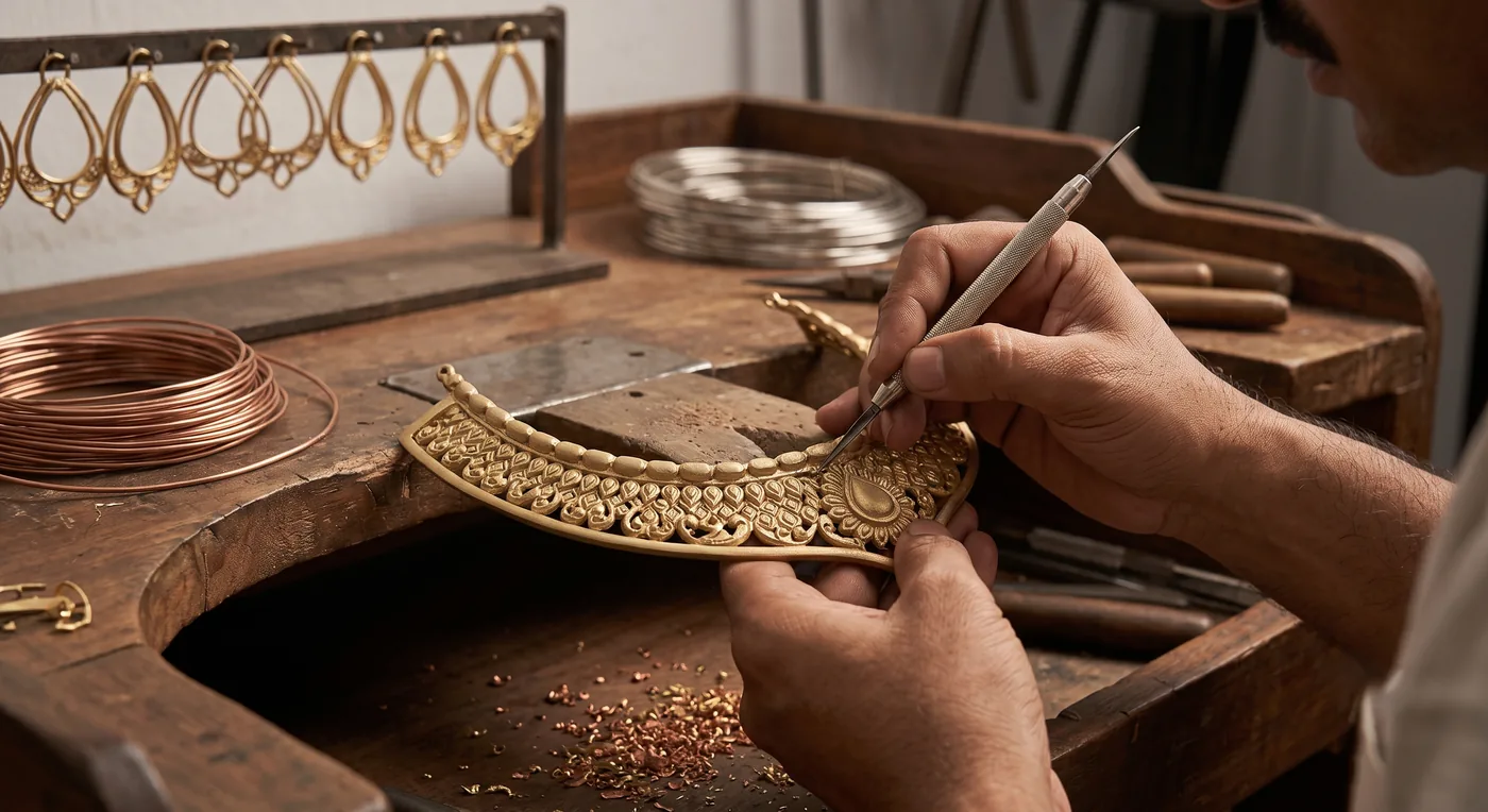 Illustration of an artisan carving fine detail onto a brass necklace with copper wire on the workbench
