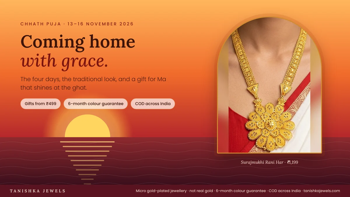 Woman in a red and white saree wearing a gold-plated Surajmukhi Rani Har against a Chhath Puja sunset over water