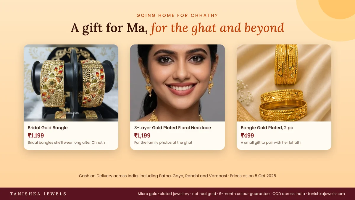 Chhath Puja gift ideas for mother: gold-plated bridal bangles, a floral necklace and a bangle pair