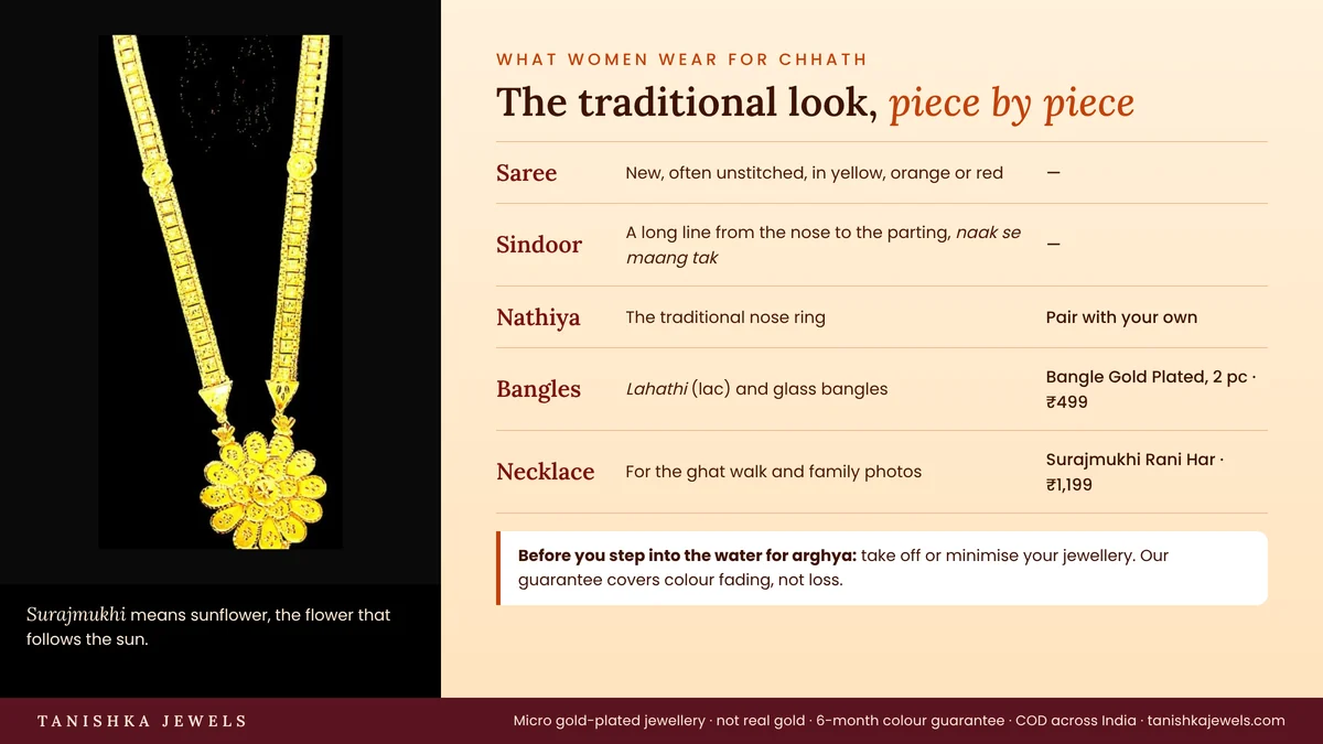 Traditional Chhath Puja look for women (saree, sindoor, nathiya, lahathi bangles, necklace) with a water-safety tip