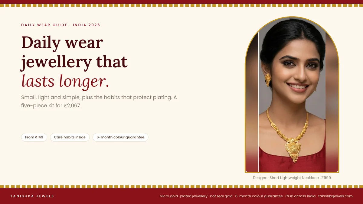 Woman wearing a Designer Short Lightweight Necklace from Tanishka Jewels, for a daily wear jewellery guide