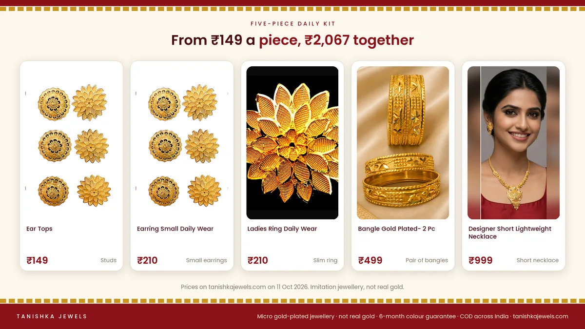 A five-piece daily wear kit from Tanishka Jewels: Ear Tops, Ear Ring Small Daily Wear, Ladies Ring Daily Wear, Bangle 2 Pc and Designer Short Lightweight Necklace, with prices