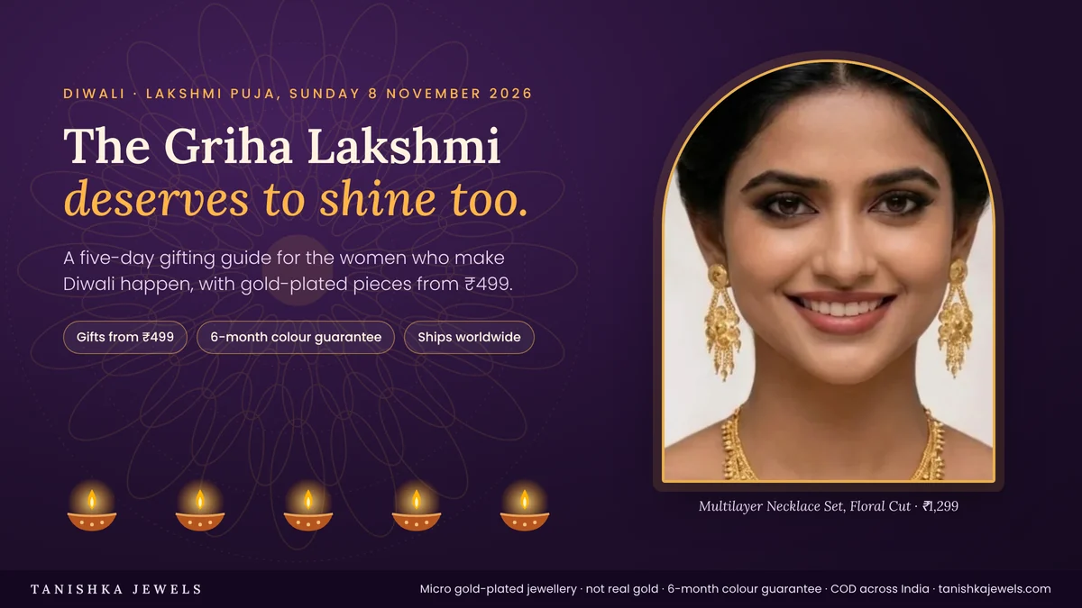 Woman wearing a gold-plated multilayer floral necklace set for Diwali Lakshmi Puja