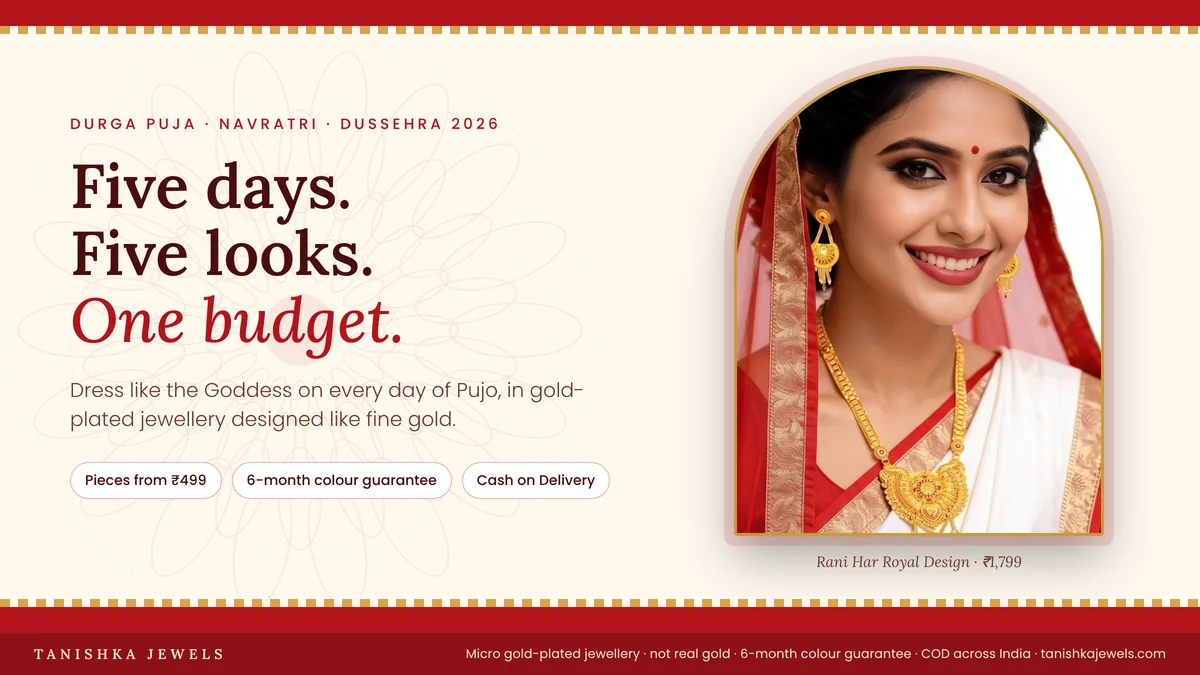Woman in red-bordered white saree wearing a gold-plated Rani Haar for Durga Puja, from Tanishka Jewels