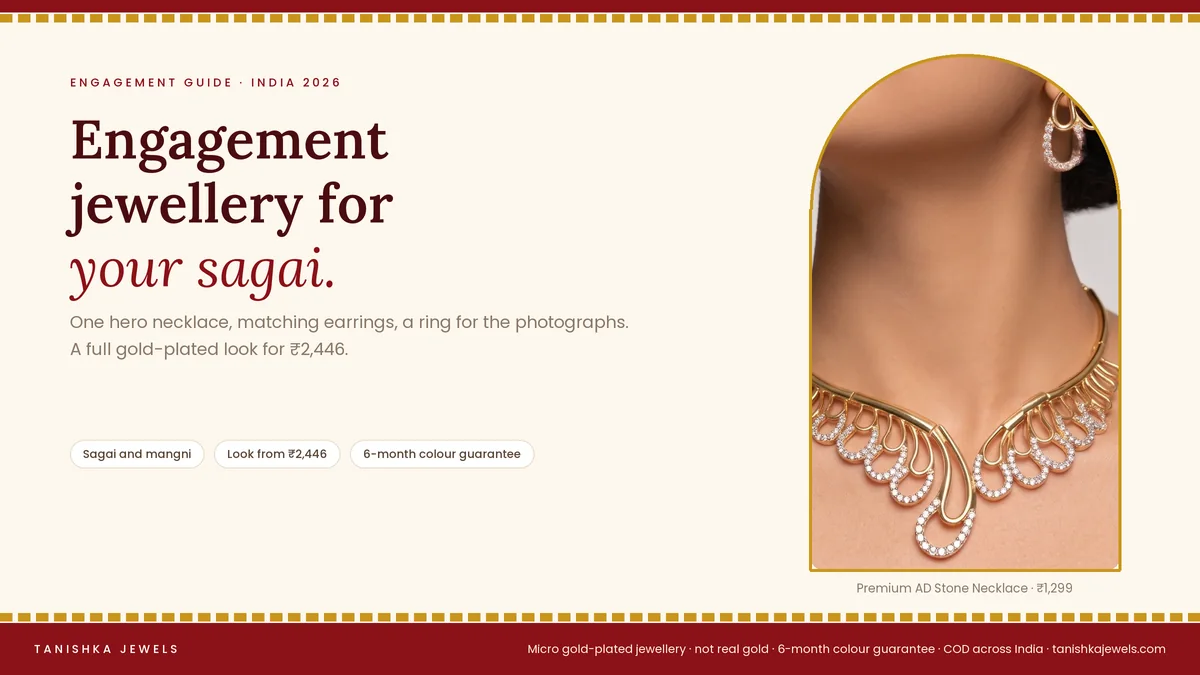 Woman wearing a Premium AD Stone Necklace from Tanishka Jewels, for an engagement jewellery guide