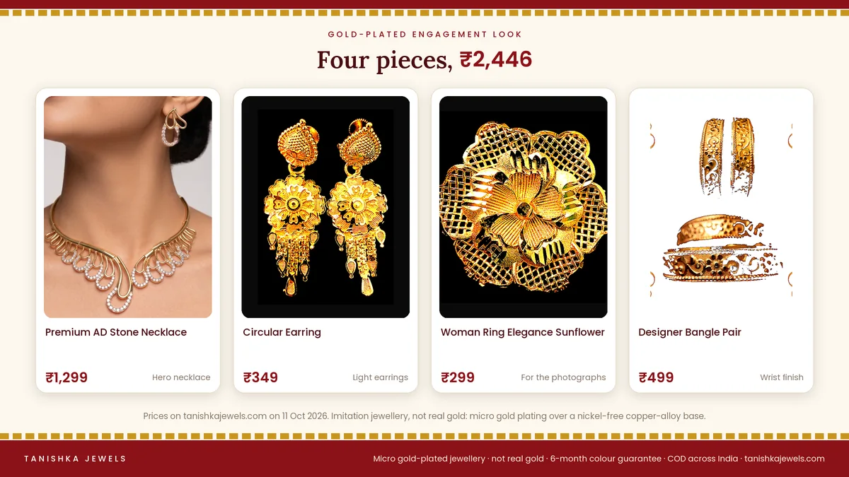 Four gold plated pieces for an engagement look: Premium AD Stone Necklace, Circular Ear Ring, Elegance Sunflower ring and Designer Bangle Pair, with prices