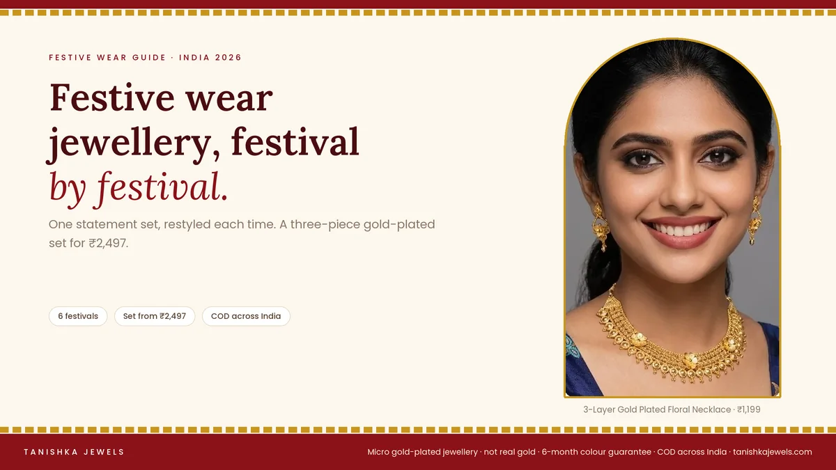 Woman wearing a 3-layer gold plated floral necklace from Tanishka Jewels, for a festive wear jewellery guide