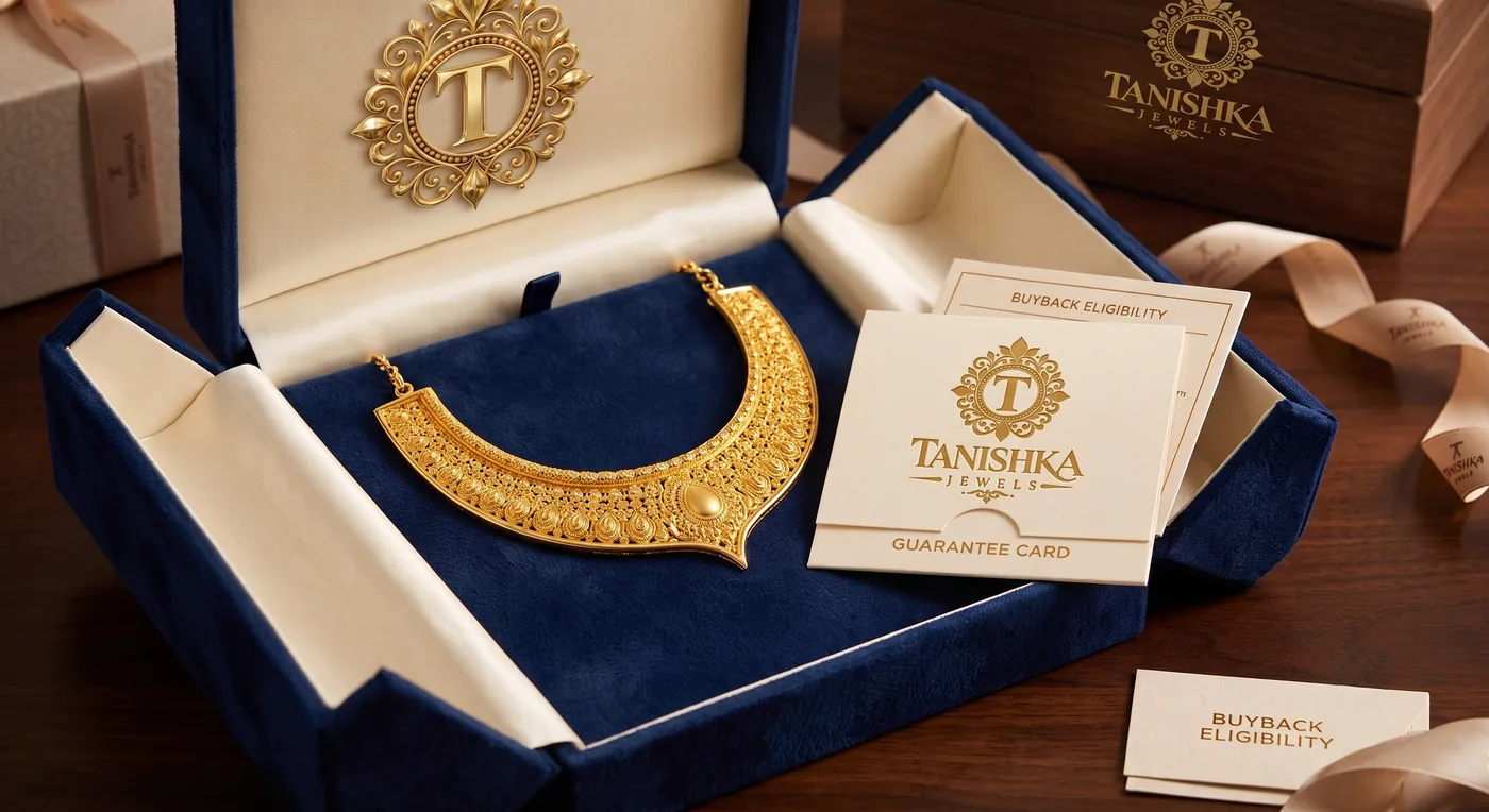 Illustration of a finished gold plated necklace in a navy presentation box with guarantee and buyback cards