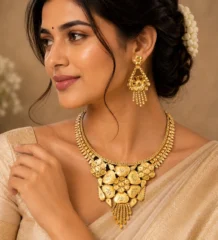 Woman in cream saree wearing plain gold plated floral necklace set with petal cluster pendant and matching teardrop earrings