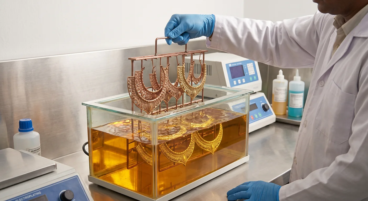 Illustration of jewellery hanging on a rack above a gold electroplating tank in a laboratory