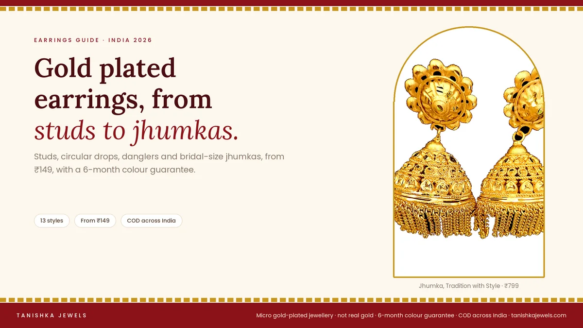 Gold plated Jhumka Tradition with Style earrings from Tanishka Jewels, for a guide to gold plated earrings