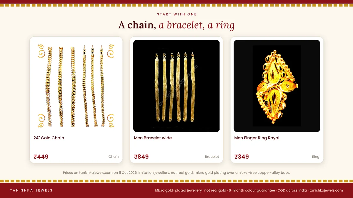 Gold plated chain, bracelet and ring for men from Tanishka Jewels with photos and prices
