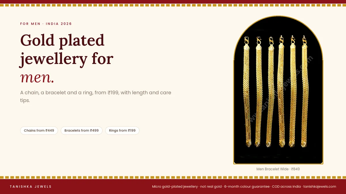 Gold plated Men Bracelet Wide from Tanishka Jewels, for a guide to gold plated jewellery for men