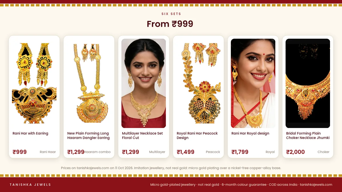 Six gold plated jewellery sets from Tanishka Jewels with photos and prices: necklace and earring, haram combo, choker, multilayer and Rani Haar sets