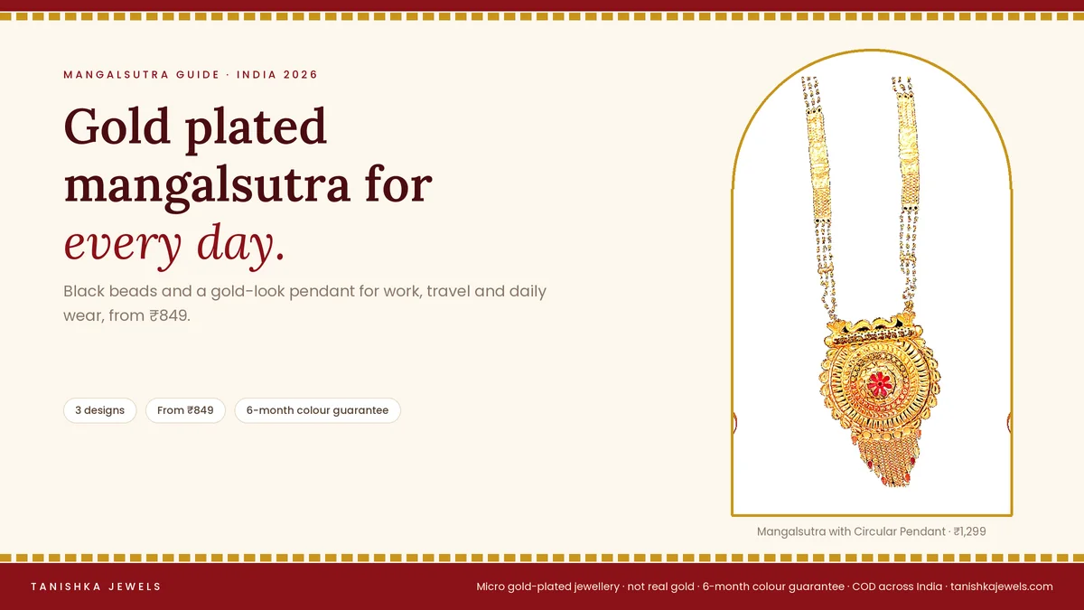 Gold plated Mangalsutra with Circular Pendant from Tanishka Jewels, for a guide to gold plated mangalsutra