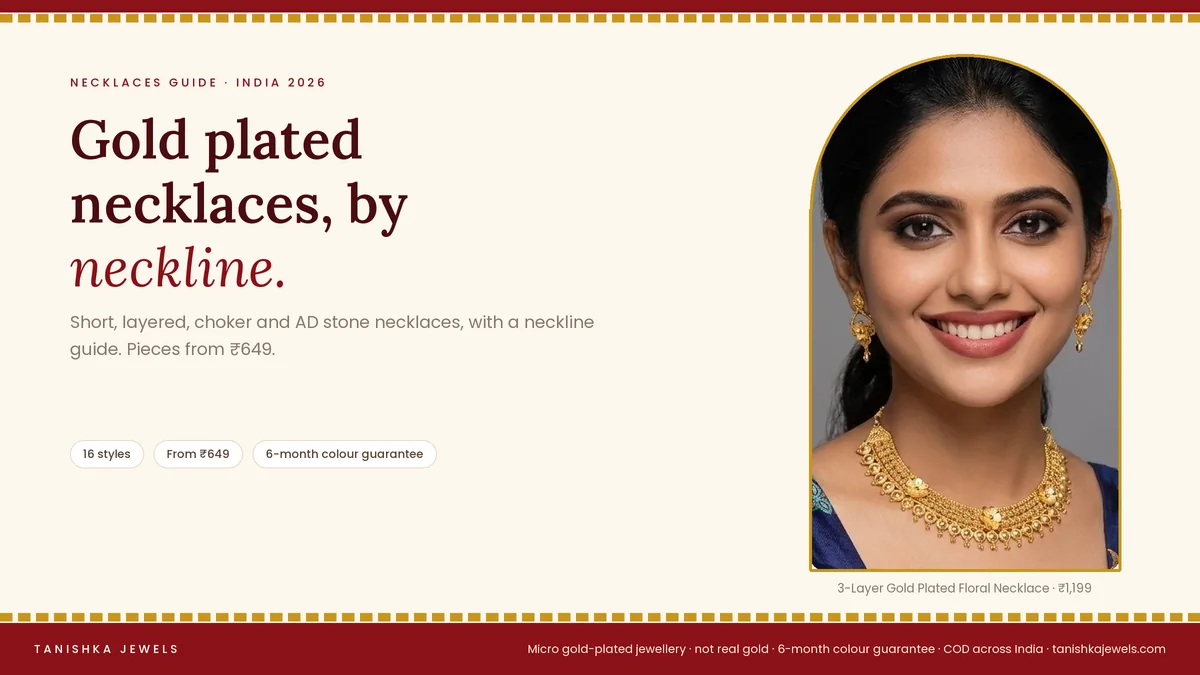 Gold plated 3 layer floral necklace from Tanishka Jewels, for a guide to gold plated necklaces and one gram gold necklace sets