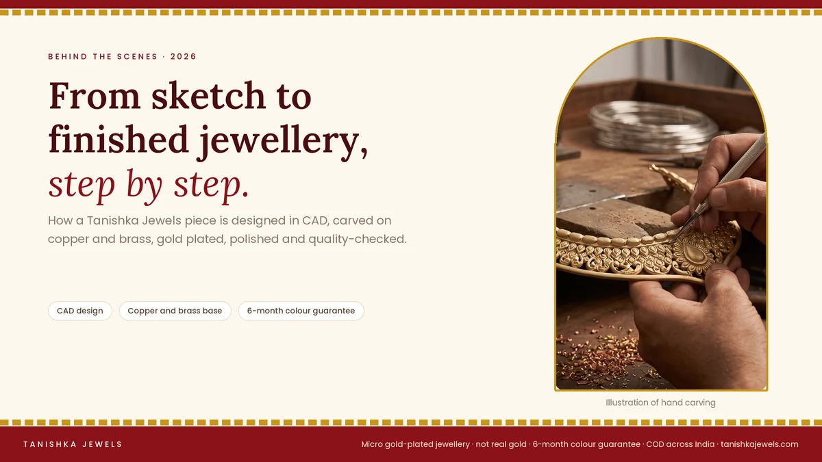 Illustration of an artisan hand-carving a gold-toned necklace on a workbench, for the Tanishka Jewels jewellery-making process