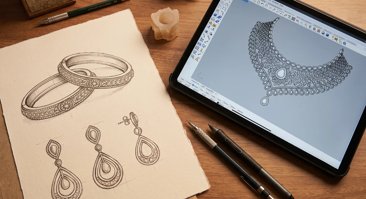 Illustration of a hand-drawn jewellery sketch beside a tablet showing a 3D CAD model of a necklace