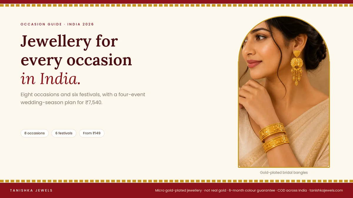Woman wearing gold plated bridal bangles from Tanishka Jewels, for a guide to jewellery for every occasion in India