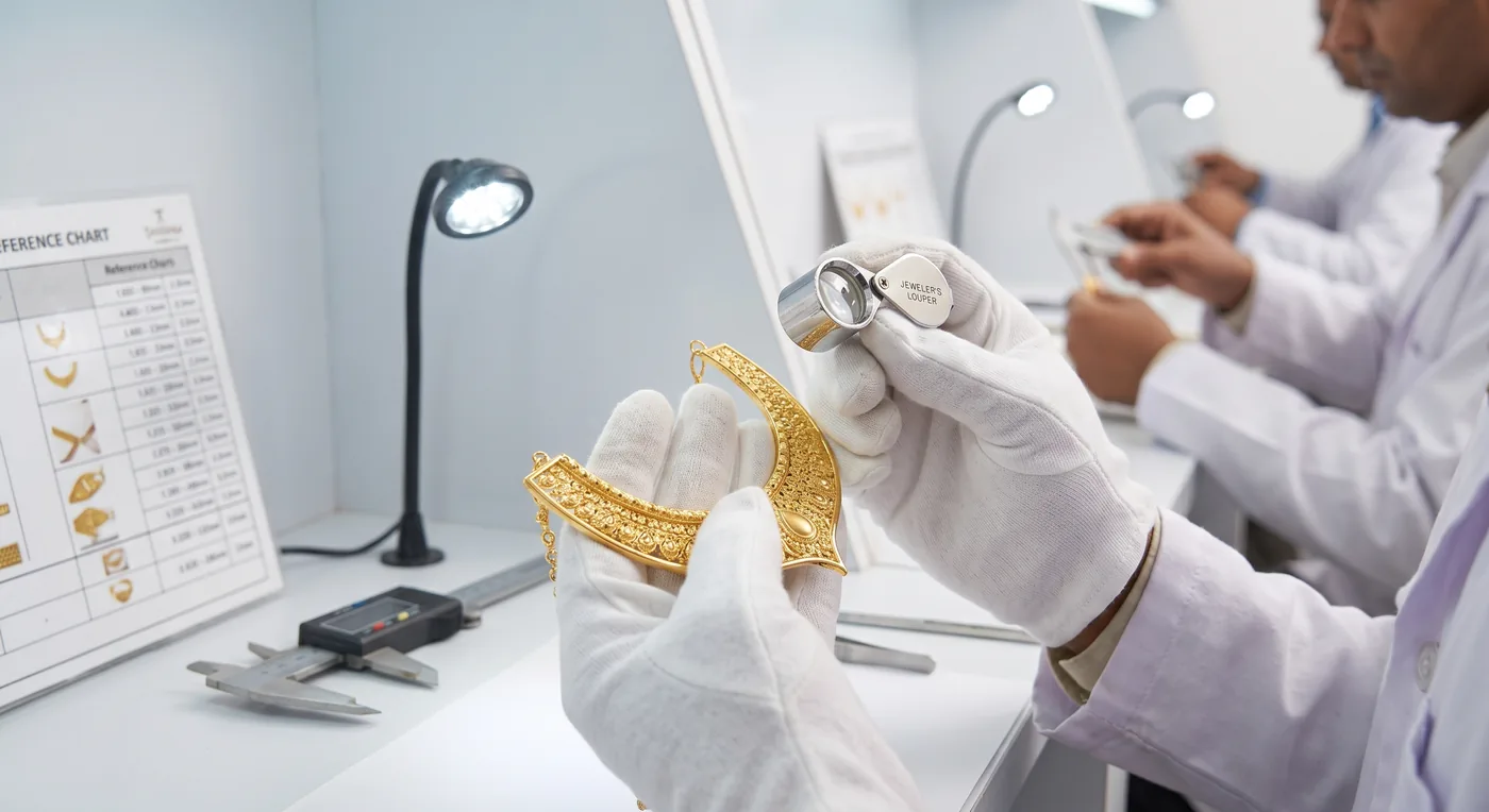 Illustration of an inspector in gloves checking a gold-toned necklace with a loupe beside calipers