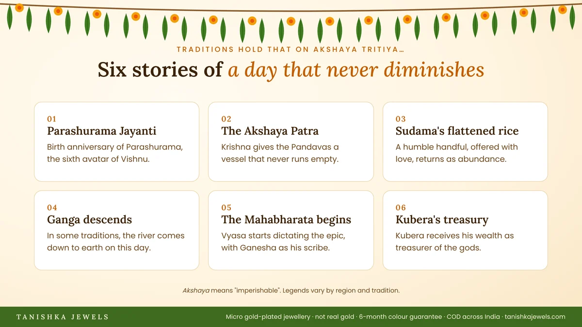 Six legends of Akshaya Tritiya: Parashurama Jayanti, Akshaya Patra, Sudama, Ganga, the Mahabharata and Kubera