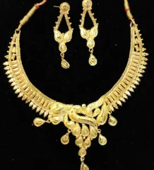 Necklace in peacock design - gold plated crescent necklace with earrings on black