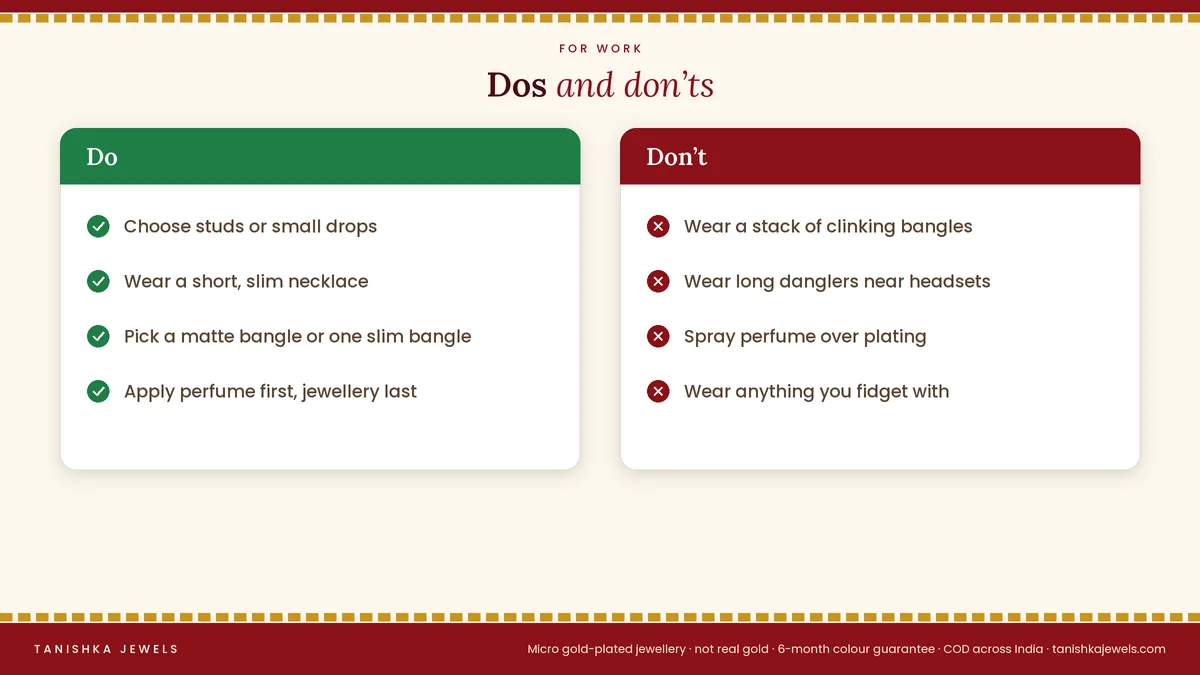 Office wear jewellery dos and donts: choose studs, slim pieces and matte finish; avoid noisy bangles and long danglers