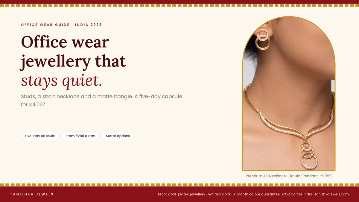 Woman wearing a Premium AD Necklace with a circular pendant from Tanishka Jewels, for an office wear jewellery guide