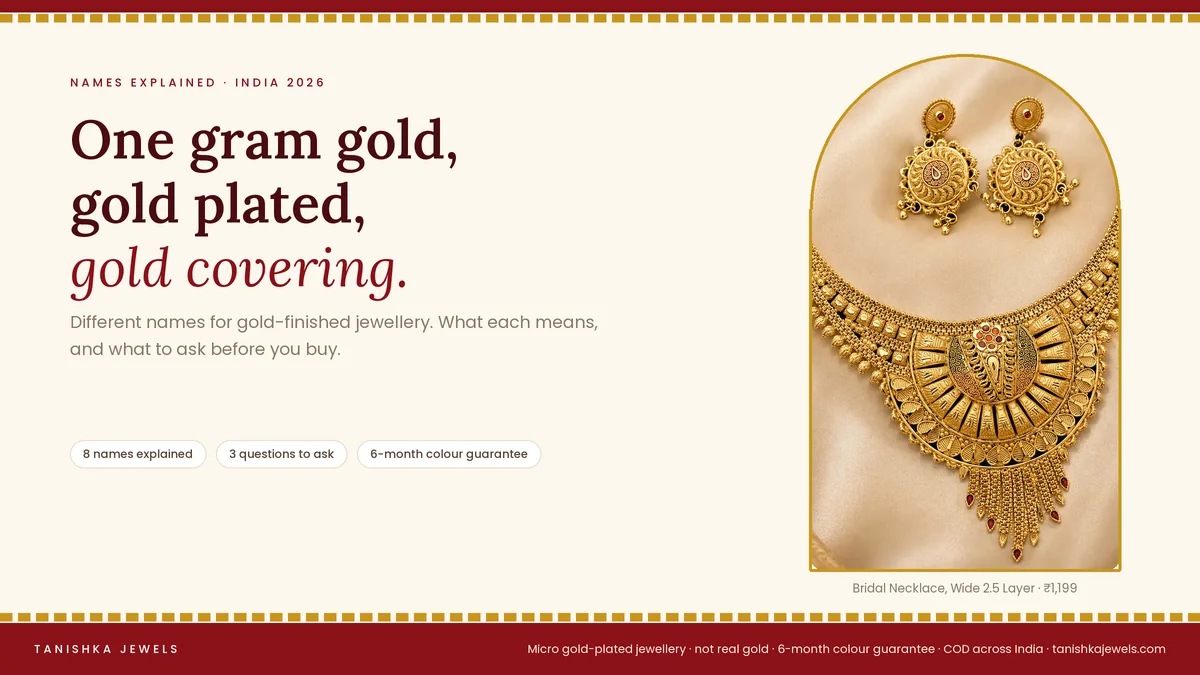 Woman wearing a gold plated bridal necklace from Tanishka Jewels, for a guide to one gram gold, gold plated and gold covering jewellery names