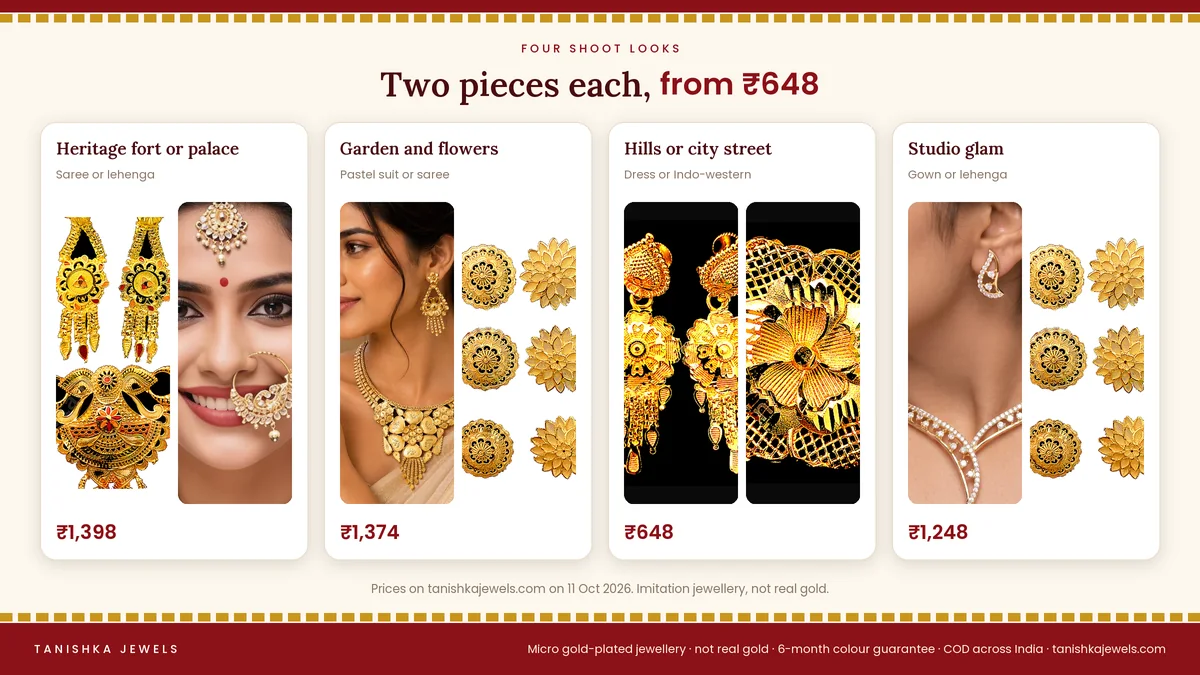 Four gold plated pre-wedding shoot looks from Tanishka Jewels with product photos and prices, from 648 rupees
