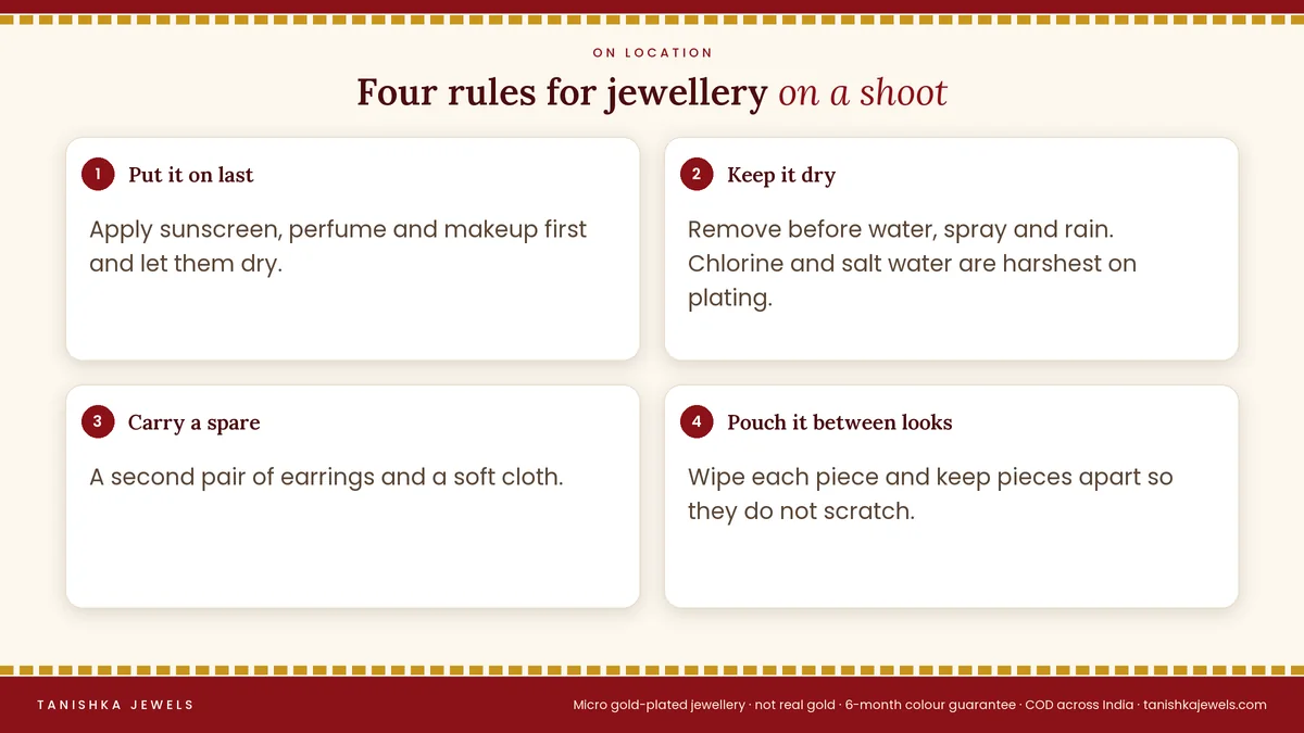 Four rules for protecting jewellery on a pre-wedding shoot: put it on last, keep it dry, carry a spare and pouch it between looks