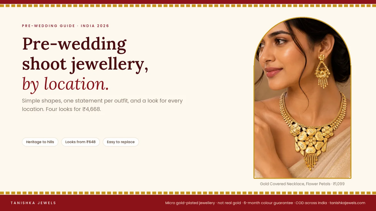 Woman wearing a gold covered flower petals necklace from Tanishka Jewels, for a pre-wedding shoot jewellery guide