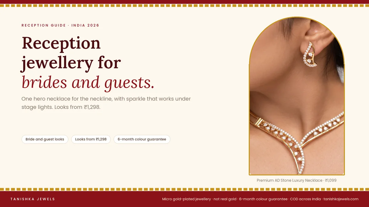 Woman wearing a Premium AD Stone Luxury Necklace from Tanishka Jewels, for a reception jewellery guide