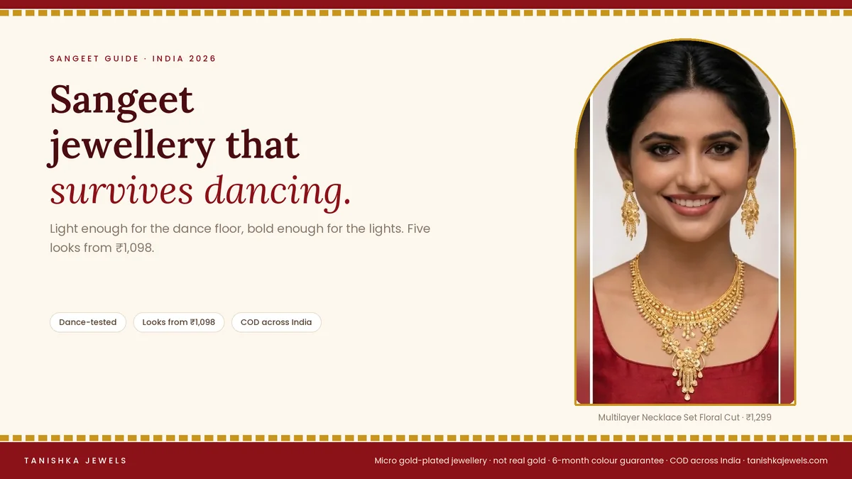 Woman wearing a gold plated multilayer floral necklace set from Tanishka Jewels, for a sangeet jewellery guide