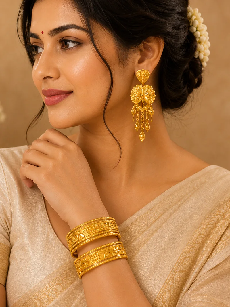 Gold plated bangles on a model